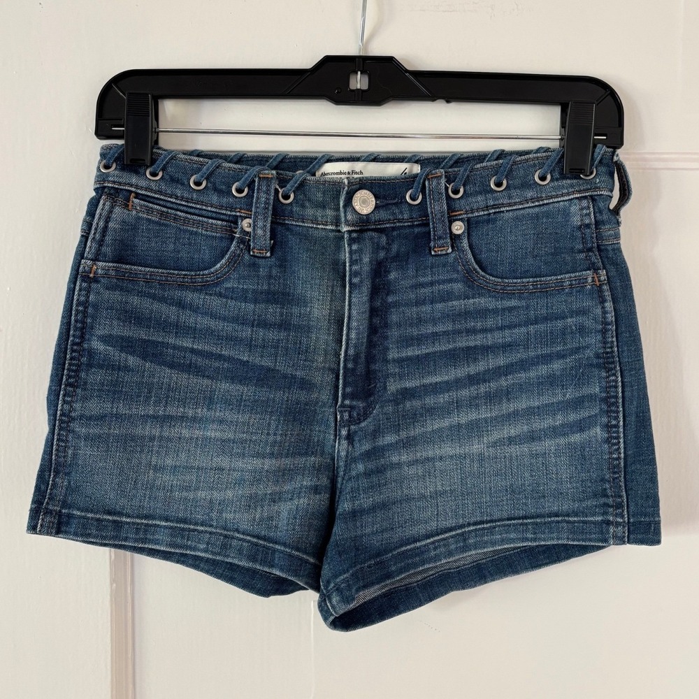 Abercrombie & Fitch High Rise Denim Shorts Size 4 27 Blue Lace Up Waist Grommet‎
